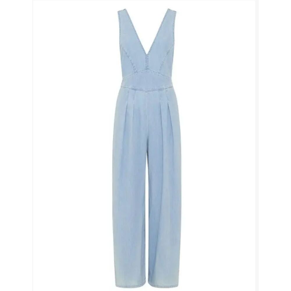 IRO Paris Basili Denim Jumpsuit 40 Light Blue Wide Leg Halter V Neck Sleeveless